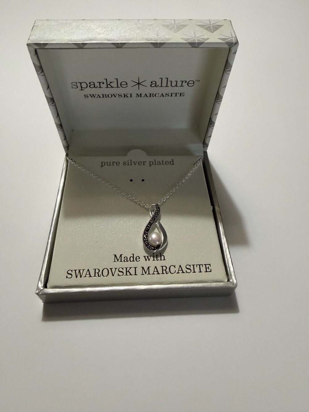 Sparkle Allure Pure Silver Plated Swarovski Marcasite Pearl Teardrop Necklace